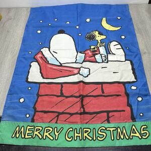 Vtg Snoopy Woodstock Merry Christmas Flag Banner Wall Hanging Peanuts 28 x 42
